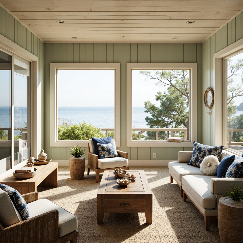 Prompt: \Calm coastal cottage, soft sandy beige walls, weathered wood accents, seafoam green furniture, crisp white trim, nautical navy blue decor, warm golden lighting, natural woven textiles, ocean-inspired patterns, driftwood coffee tables, shell-adorned vases, distressed finishes, beachy scents, airy open spaces, large windows, sliding glass doors, sunny day, shallow depth of field, 3/4 composition, realistic textures, ambient occlusion.\Let me know if you need any adjustments!