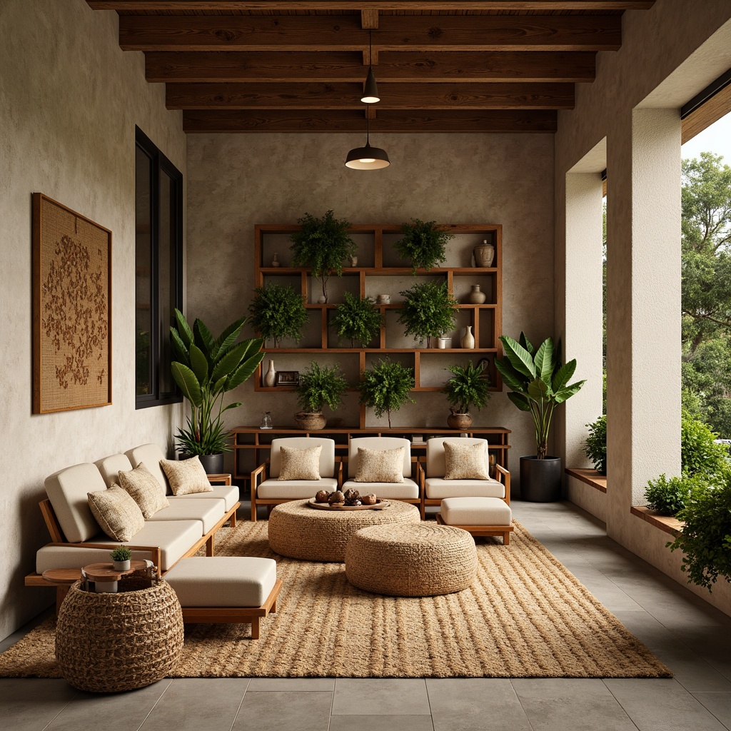 Prompt: Earthy tone interior, reclaimed wood accents, woven bamboo furniture, jute rugs, natural fiber textiles, organic shapes, earthy color palette, stone feature walls, wooden ceiling beams, greenery installations, living walls, potted plants, minimalist decor, warm soft lighting, cozy atmosphere, shallow depth of field, 1/1 composition, realistic textures, ambient occlusion.