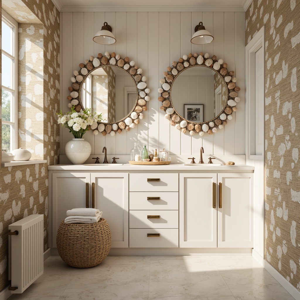 Prompt: Seashell-adorned powder room, soft calming hues, creamy whites, warm beige tones, natural textures, woven sea grass walls, driftwood accents, ocean-inspired wallpaper, shell-shaped mirrors, delicate glass fixtures, subtle nautical patterns, elegant coastal charm, relaxed ambiance, soft focus, 1/1 composition, warm golden lighting, realistic reflections.