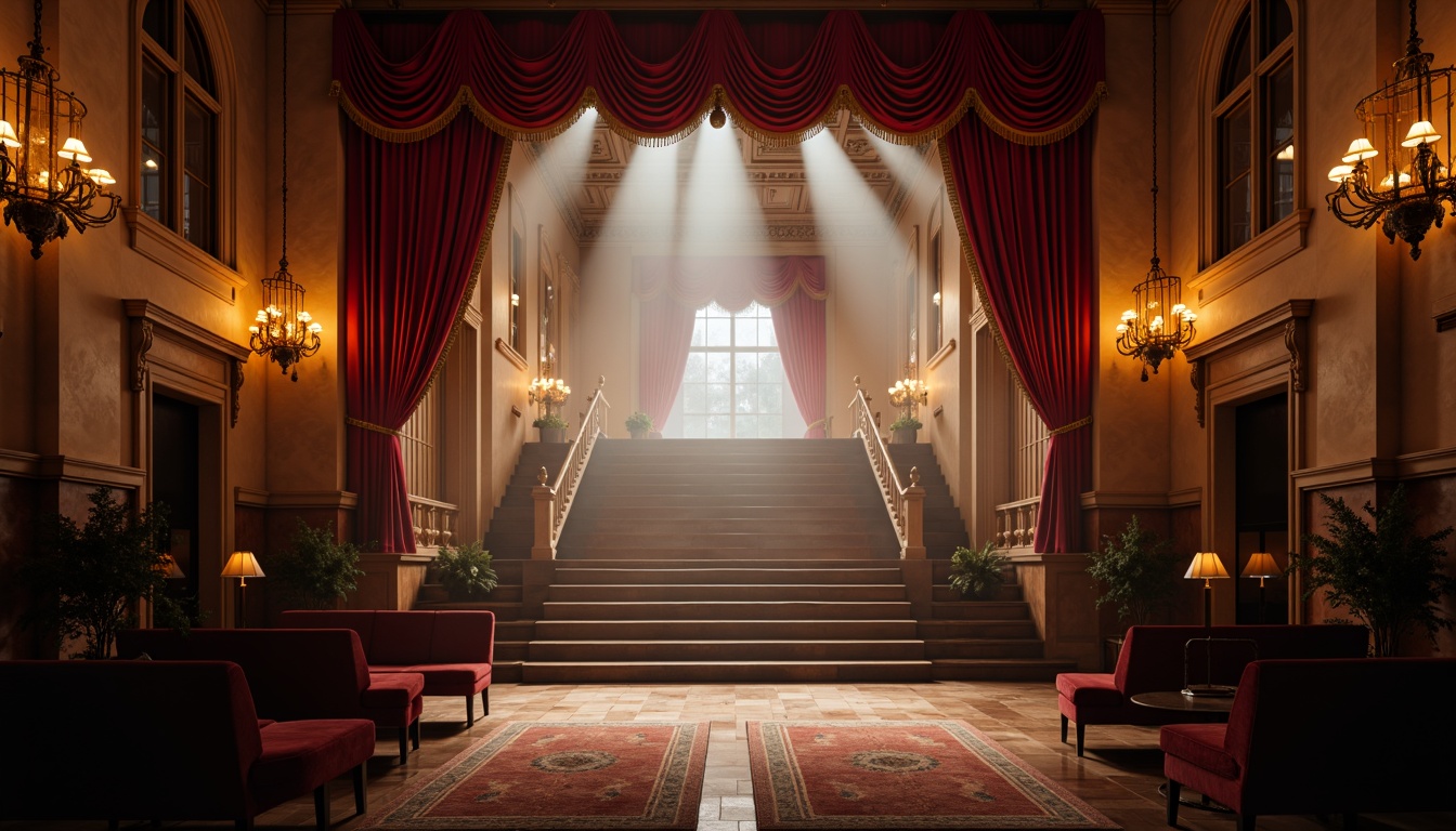 Prompt: Dramatic stage, lavish curtains, ornate chandeliers, spotlights, warm golden lighting, soft pastel hues, velvety darkness, misty atmosphere, mystical fog, twinkling starlight, rich red velvet, gilded accents, intricate moldings, opulent furnishings, grand staircase, majestic archways, luxurious textures, high-contrast shading, cinematic composition, selective focus, shallow depth of field.