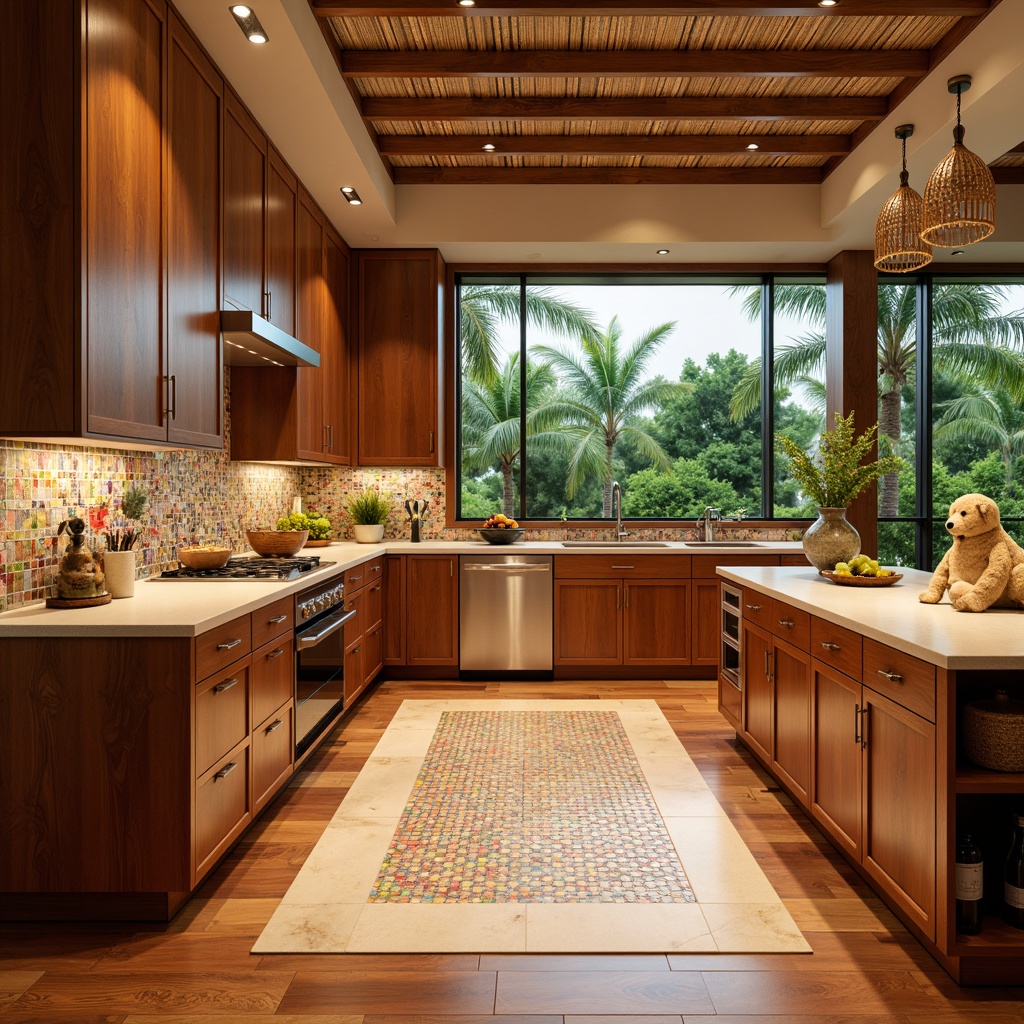 Prompt: Vibrant tropical kitchen, polished wooden flooring, warm beige tones, natural stone inlays, woven bamboo accents, exotic hardwood species, glossy finish, ceramic tile backsplash, colorful Moroccan-inspired tiles, glass mosaic inserts, LED ambient lighting, shallow depth of field, 1/1 composition, realistic textures, ambient occlusion.