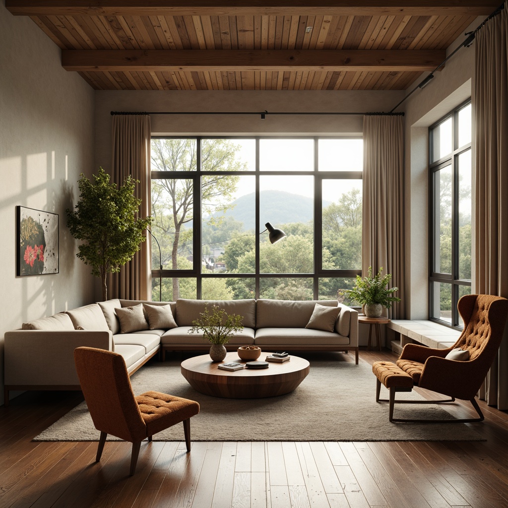 Prompt: Mid-century modern living room, sleek low-profile sofa, tufted velvet armchair, reclaimed wood coffee table, industrial metal lamp, minimalist decor, natural textiles, earthy color palette, large windows, abundant natural light, soft warm glow, shallow depth of field, 3/4 composition, realistic textures, ambient occlusion.