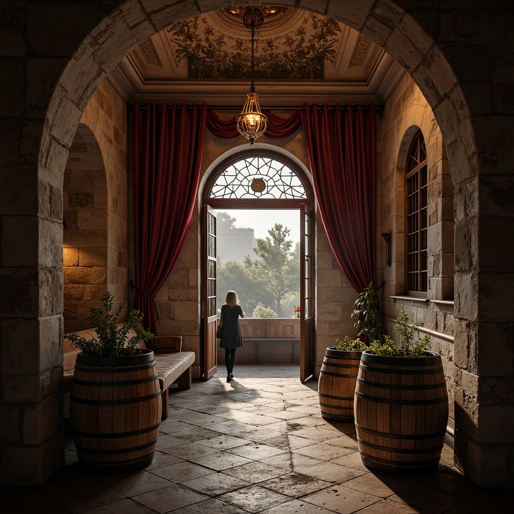 Prompt: Intricate arched doorways, rustic stone walls, ornate ironwork, dimly lit atmosphere, aged wooden barrels, rich red wines, velvet drapes, grand chandeliers, mysterious alcoves, ancient stone floors, soft warm lighting, low-angle shot, 1/2 composition, shallow depth of field, warm color palette, atmospheric fog effect.