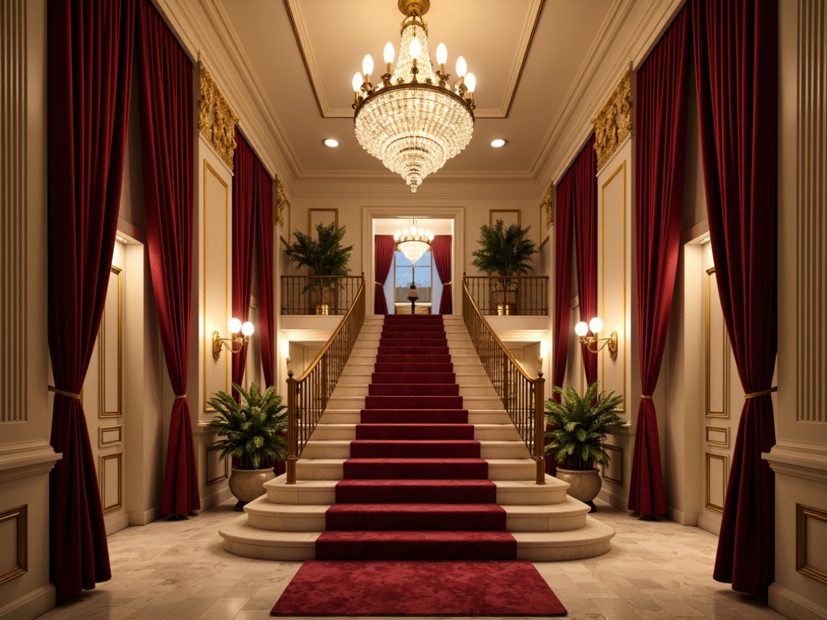 Prompt: Rich velvet curtains, ornate golden frames, soft warm lighting, elegant chandeliers, grand staircase, luxurious red carpets, neoclassical architectural details, refined marble columns, intricate moldings, subtle cream walls, lavish crystal decorations, dramatic spotlights, 3/4 composition, shallow depth of field, cinematic atmosphere.