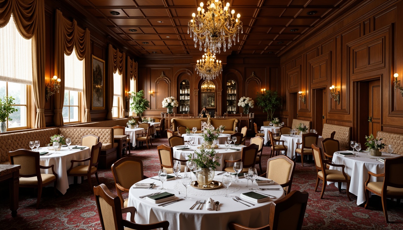 Prompt: Elegant dining room, rich wood tones, ornate furnishings, luxurious fabrics, crystal chandeliers, vintage china cabinets, antique silverware, lace tablecloths, carved wooden chairs, upholstered banquettes, stately window treatments, plush area rugs, warm golden lighting, soft focus, 1/2 composition, intimate atmosphere, realistic textures, ambient occlusion.