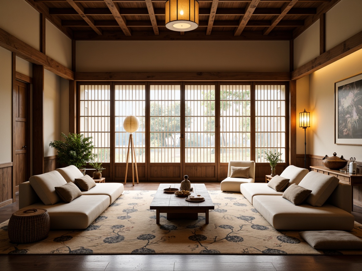 Prompt: Traditional Japanese sliding doors, intricately carved wooden panels, minimalist low-seating sofas, hand-painted silk fabrics, natural fiber rugs, bamboo coffee tables, ornate paper lanterns, subtle gold accents, soft warm lighting, shallow depth of field, 3/4 composition, panoramic view, realistic textures, ambient occlusion.