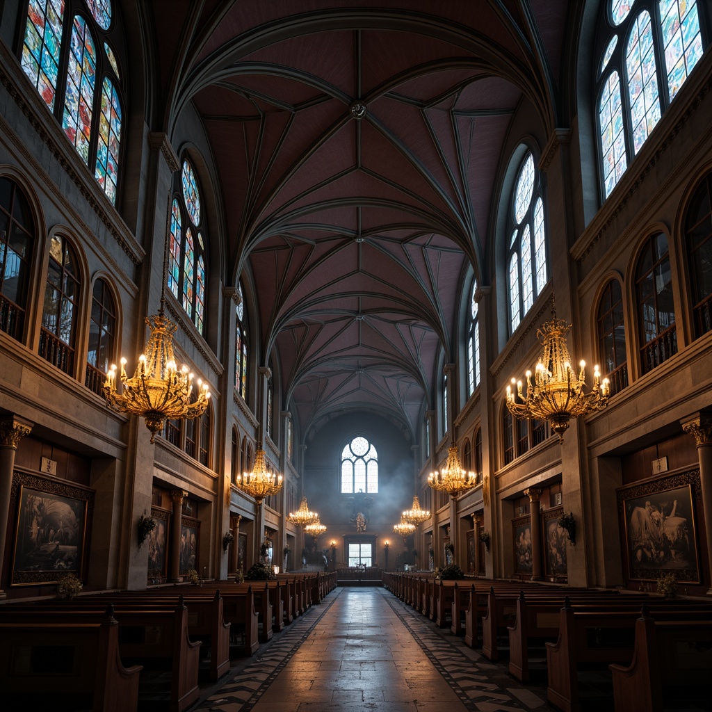 Prompt: Vaulted ceilings, ribbed arches, stained glass windows, grand chandeliers, ornate wooden panels, rich tapestries, majestic columns, intricate stone carvings, dramatic lighting, mysterious ambiance, atmospheric fog, cinematic shading, high contrast ratio, 1/2 composition, symmetrical framing, realistic textures, subtle animations.