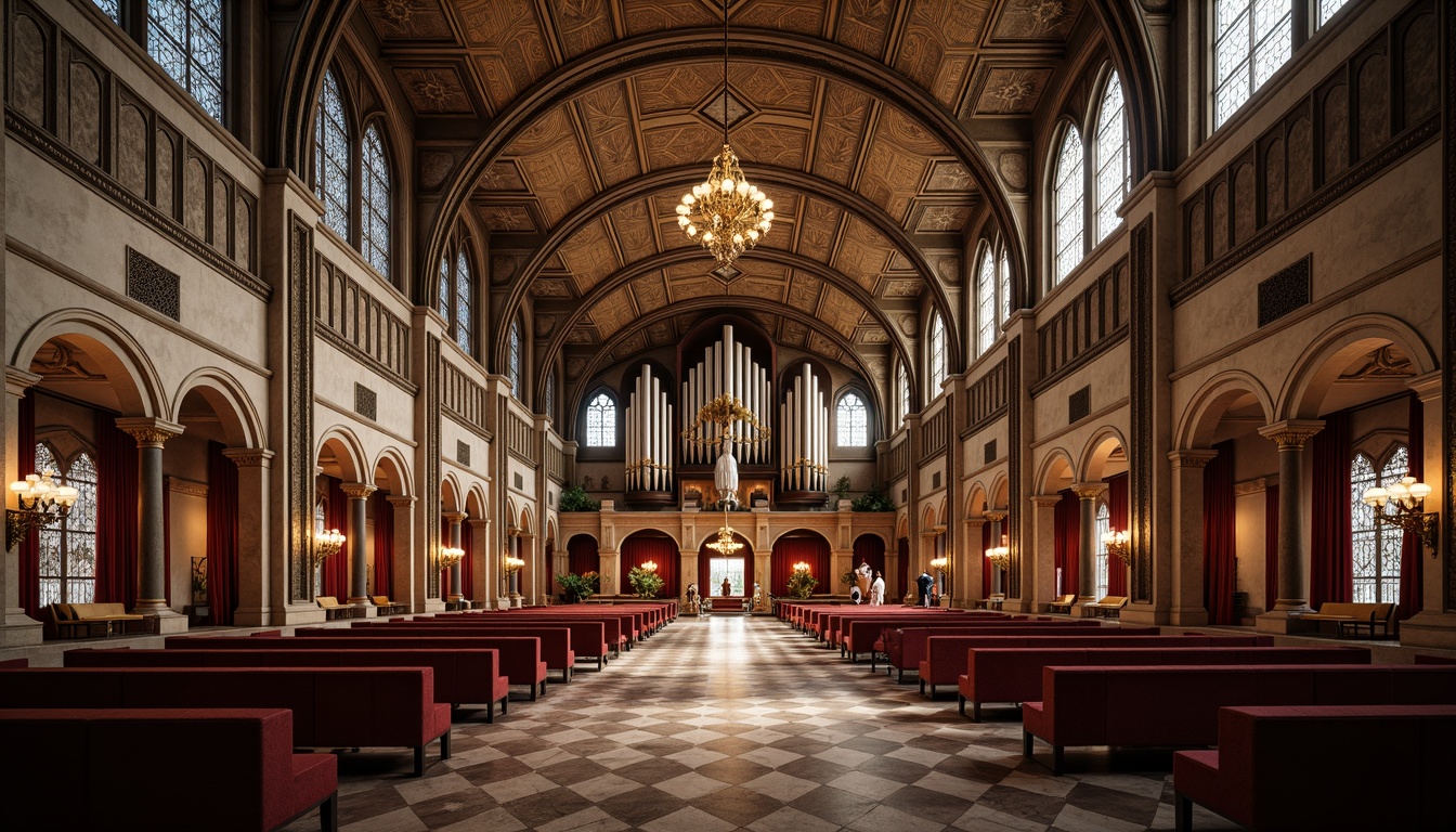 Prompt: Majestic Gothic arches, ribbed vaults, ornate carvings, stained glass windows, grand chandeliers, polished marble floors, intricate stone patterns, majestic organ pipes, tiered seating, crimson velvet drapes, golden accents, warm ambient lighting, dramatic shadows, 1/1 composition, symmetrical view, realistic textures, atmospheric effects.