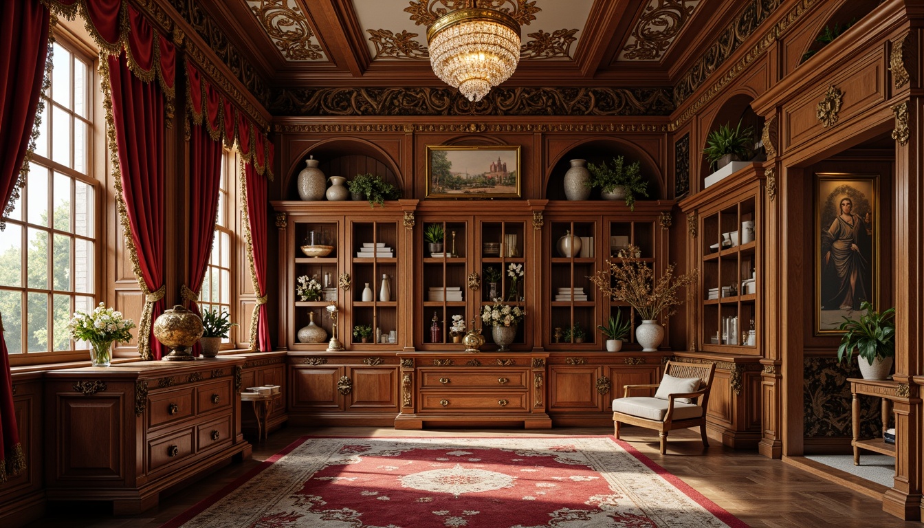 Prompt: Luxurious storage room, ornate gold accents, lavish velvet fabrics, delicate lace trims, intricately carved wooden cabinets, ornamental mirrors, crystal chandeliers, soft warm lighting, Baroque-inspired architectural details, French Renaissance influences, opulent drapery, rich jewel-toned colors, sumptuous textures, highly detailed moldings, Rococo-style flourishes, elegant curved lines, spacious shelving units, antique bronze hardware, lavish flower patterns, 1/1 composition, shallow depth of field, realistic ambient occlusion.