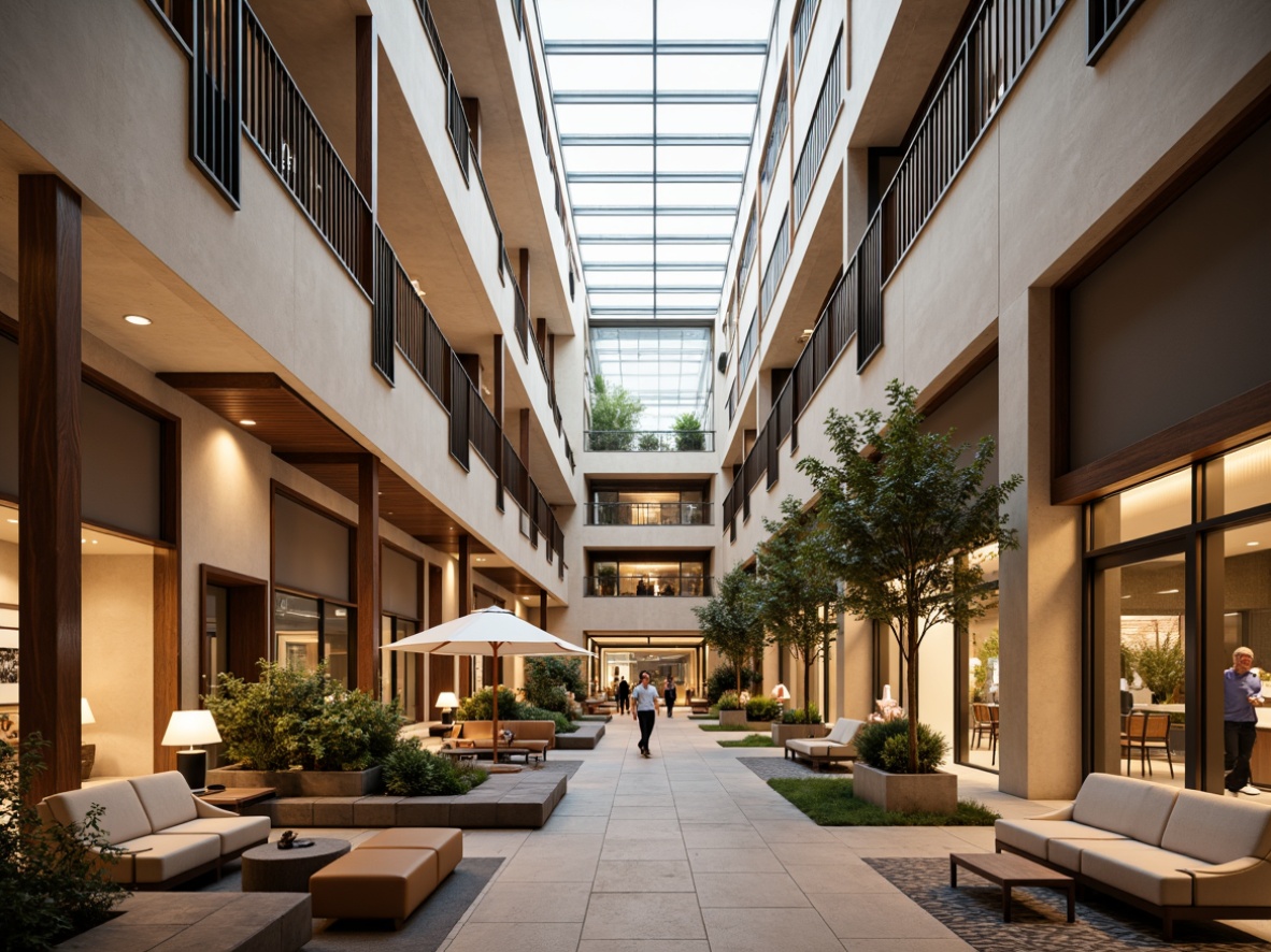 Prompt: Transitional shopping center interior, warm beige tone walls, dark wood accents, sleek metal railings, minimalist decorative elements, elegant chandeliers, high ceilings, large glass skylights, natural stone flooring, comfortable seating areas, lush greenery, modern furniture, subtle patterns, neutral color palette, soft warm lighting, shallow depth of field, 3/4 composition, realistic textures, ambient occlusion.