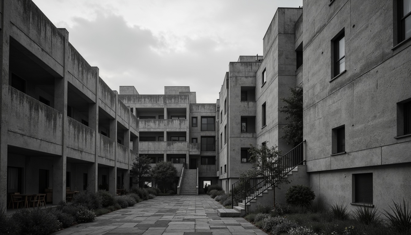 Prompt: Rough-hewn concrete walls, brutalist architecture, institutional setting, cold monochromatic color scheme, industrial materials, exposed ductwork, raw unfinished textures, dramatic lighting effects, angular geometric shapes, fortress-like structure, imposing scale, minimal ornamentation, functional simplicity, urban surroundings, gloomy overcast sky, high-contrast photography, strong lines and forms, abstract compositions, moody atmospheric rendering.