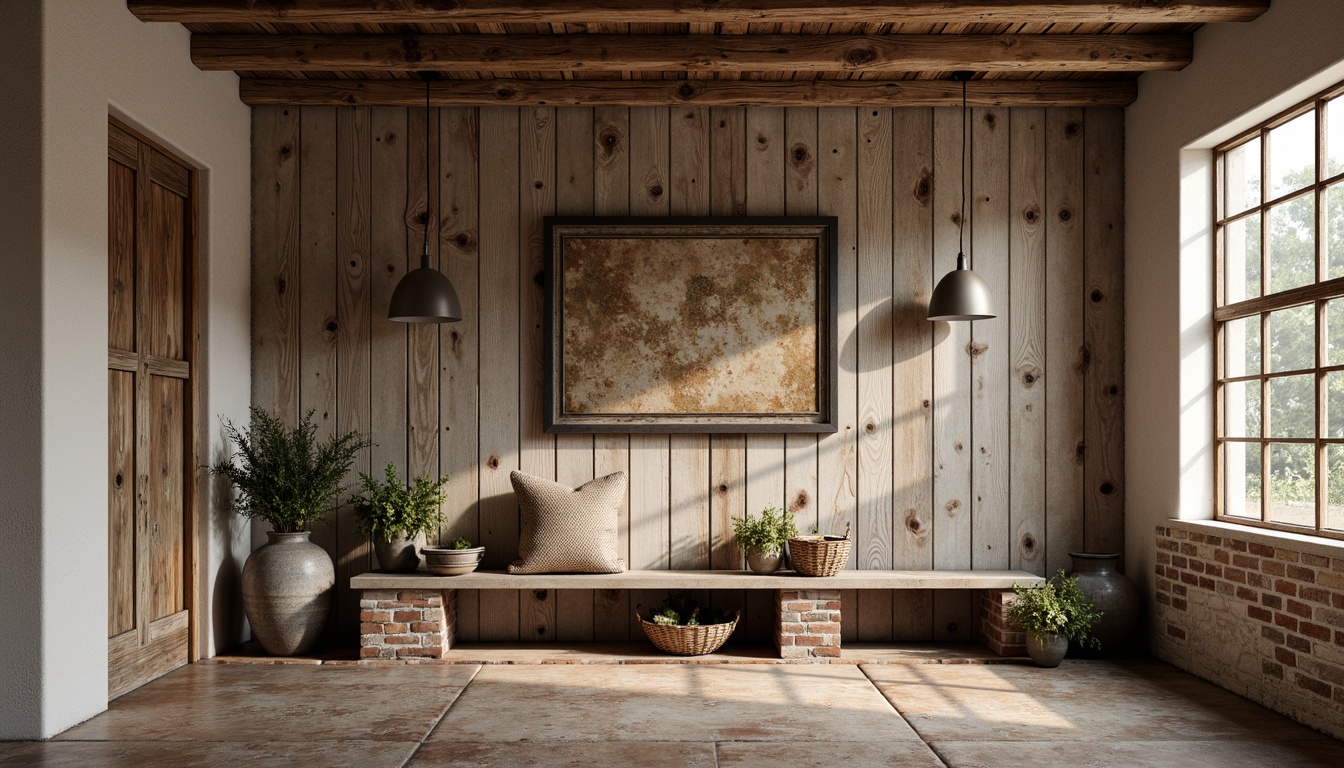 Prompt: Rustic farmhouse walls, distressed wood planks, reclaimed barn wood, vintage metal accents, earthy color palette, natural stone textures, rough-hewn wooden beams, exposed brick surfaces, whitewashed plaster finishes, soft warm lighting, cozy atmosphere, 1/1 composition, shallow depth of field, realistic textures, ambient occlusion.