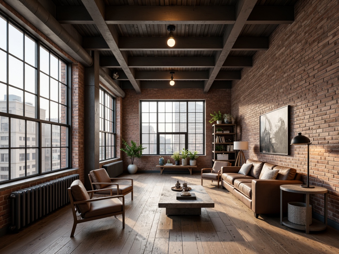 Prompt: Exposed brick walls, metal beams, reclaimed wood flooring, industrial-style lighting fixtures, vintage factory carts, distressed leather sofas, metallic accent chairs, urban-themed artwork, concrete coffee tables, Edison bulb lamps, mechanical clock decorations, rugged steel side tables, industrial-grade metal shelves, minimalist decor, neutral color palette, natural textiles, oversized windows, cityscape views, softbox lighting, 1/2 composition, cinematic mood.