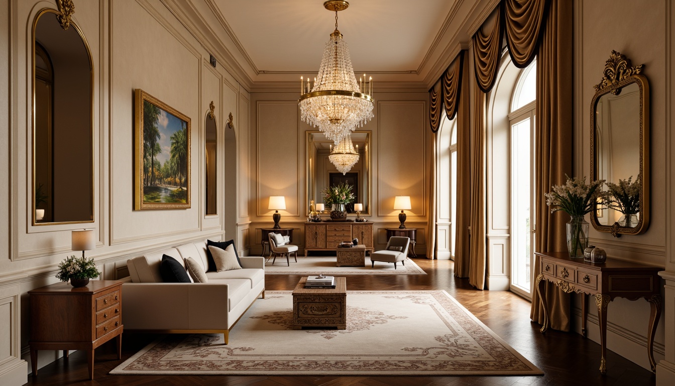 Prompt: Richly ornamented interior, luxurious velvet fabrics, soft warm beige walls, creamy white trim, elegant crystal chandeliers, polished dark wood floors, metallic gold accents, lavish furnishings, opulent drapery, sophisticated neutral tones, ambient warm lighting, subtle texture contrasts, 1/1 composition, shallow depth of field, realistic material reflections.