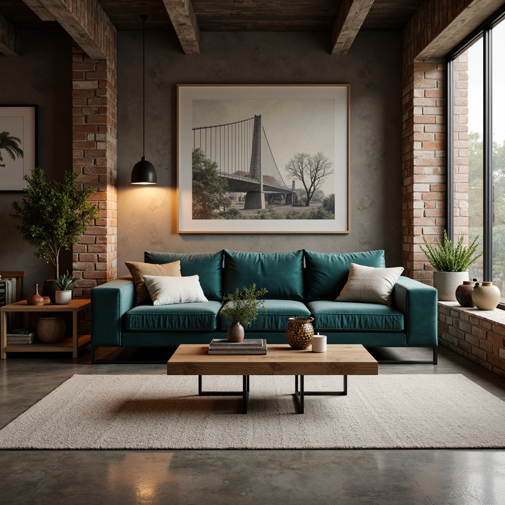 Prompt: Mid-century modern living room, plush velvet sofa, reclaimed wood coffee table, minimalist metal legs, natural linen upholstery, industrial chic decor, exposed brick walls, polished concrete floors, warm ambient lighting, 1/1 composition, shallow depth of field, softbox shadows, realistic textures, ambient occlusion.