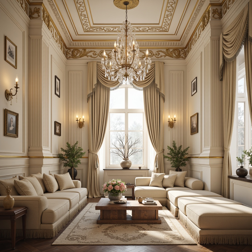 Prompt: Elegant storage room, ornate furnishings, lavish decorations, soft creamy whites, rich gold accents, warm beige tones, velvety smooth textures, intricate carvings, antique hardware, crystal chandeliers, luxurious fabrics, tufted upholstery, subtle sheen, dramatic lighting, shallow depth of field, 1/1 composition, realistic renderings, ambient occlusion.