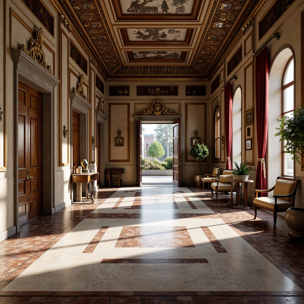 Prompt: Renaissance-style museum interior, grand entrance hall, marble flooring, intricate inlays, polished stone surfaces, ornate wooden panels, carved decorative borders, gilded accents, frescoed ceilings, large windows, soft natural lighting, warm color palette, ornate furniture, velvet drapes, sophisticated ambiance, 1/1 composition, shallow depth of field, realistic textures, ambient occlusion.