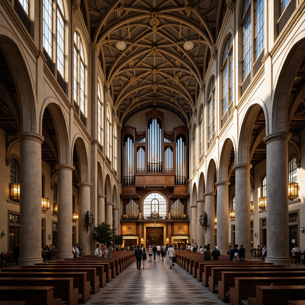 Prompt: Grand cathedral, symmetrical facade, classical arches, ornate details, golden accents, stained glass windows, intricate stone carvings, solemn atmosphere, high ceilings, marble floors, ornate chandeliers, grandiose organ pipes, dramatic lighting, subtle shadows, precise geometry, perfect proportions, 1/1 composition, central axis symmetry, warm soft focus, realistic textures, ambient occlusion.