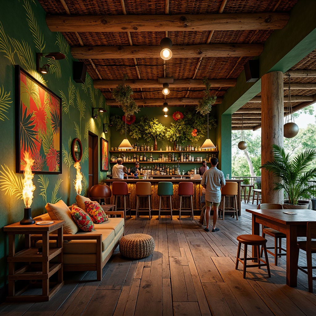 Prompt: Vibrant bar interior, tropical leaf patterns, exotic wood accents, rattan furniture, colorful tiki torches, lush green walls, floral arrangements, natural fiber textiles, woven bamboo ceilings, reclaimed wooden floors, distressed metal decorations, vintage nautical elements, eclectic art pieces, warm ambient lighting, soft focus, shallow depth of field, 1/2 composition, inviting atmosphere.