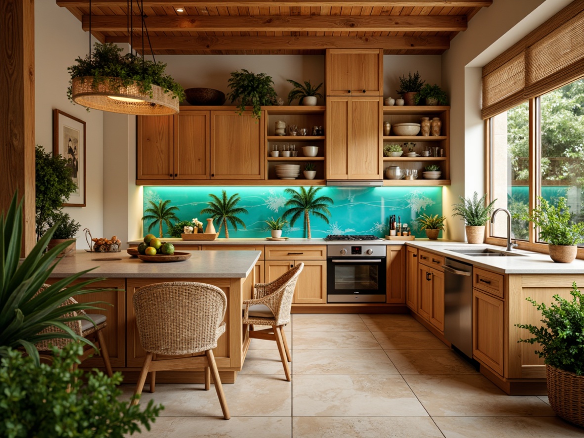 Prompt: Vibrant tropical kitchen, exotic island vibes, warm beige cabinets, rich wood accents, colorful ceramic tiles, palm tree patterns, bright coral reefs, turquoise glass backsplashes, woven rattan furniture, lush greenery, natural stone countertops, modern appliances, sleek stainless steel fixtures, under-cabinet lighting, warm ambient glow, shallow depth of field, 1/2 composition, realistic textures, subtle reflections.