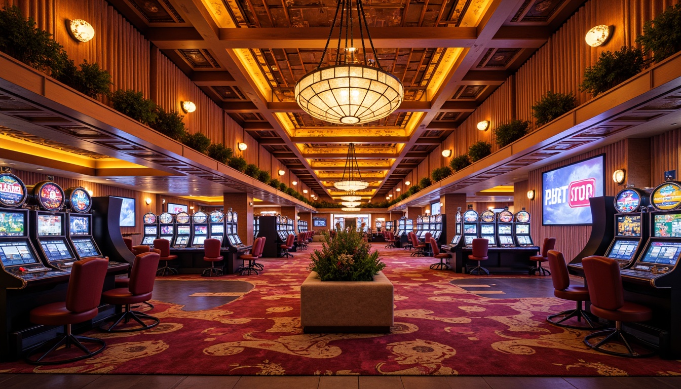 Prompt: Vibrant casino interior, southwestern decor, warm golden lighting, rich wood accents, ornate metalwork, luxurious textiles, bold geometric patterns, bright neon signs, flashy slot machines, elegant chandeliers, soft ambient glow, dramatic spotlights, 3/4 composition, shallow depth of field, cinematic atmosphere, realistic renderings.