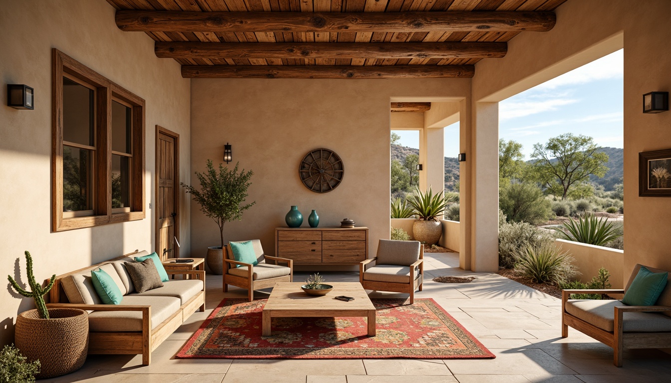 Prompt: Earthy southwestern interior, warm beige walls, rustic wooden furniture, vibrant turquoise accents, soft sage greenery, natural stone flooring, woven textiles, geometric patterns, colorful Native American-inspired rugs, ambient warm lighting, shallow depth of field, 3/4 composition, realistic textures, desert landscape views, adobe architecture, cactus plants, sunny day.