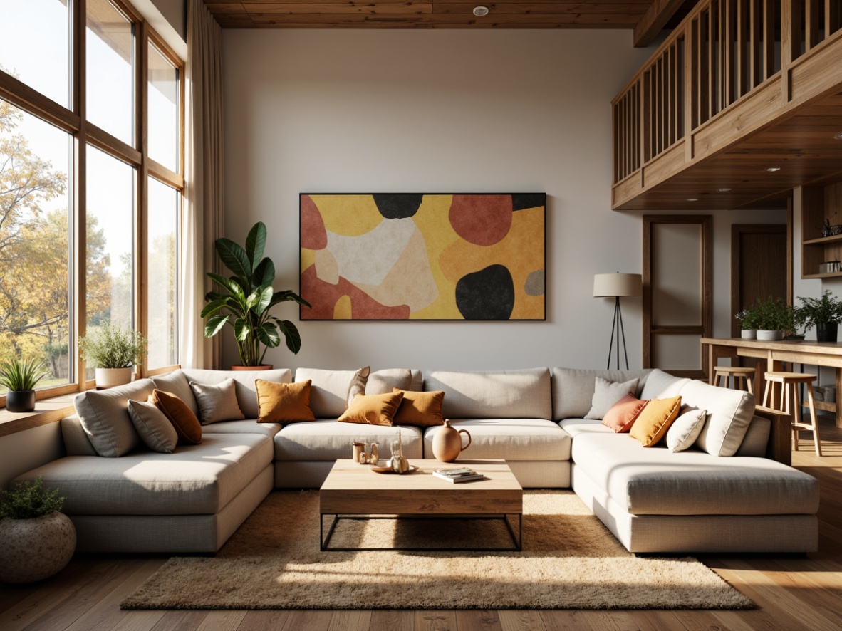 Prompt: Cozy living room, plush sectional sofa, velvety soft cushions, wooden coffee table, floor lamps, warm beige carpet, comfortable pillows, stylish vases, modern abstract art, large windows, natural light, airy atmosphere, relaxed ambiance, 3/4 composition, shallow depth of field, panoramic view, realistic textures, ambient occlusion.