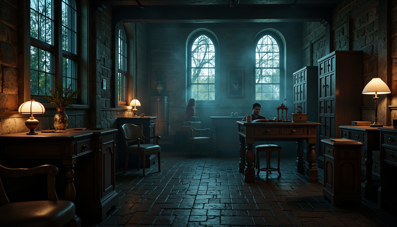 Prompt: Dark academia atmosphere, Gothic-inspired furniture, ornate wooden chairs, intricately carved desks, mysterious lanterns, vintage metal lockers, eerie corridor settings, old stone walls, mystical stained glass windows, dramatic lighting effects, misty ambient fog, shallow depth of field, 1/2 composition, realistic textures, subtle animations.