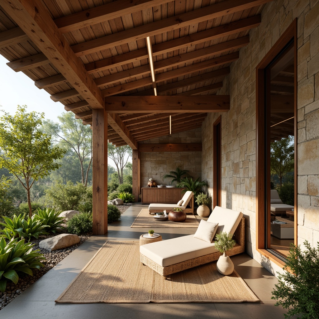 Prompt: Earthy tone, reclaimed wood accents, natural stone walls, living green roofs, bamboo flooring, woven rattan furniture, organic shapes, minimalist decor, earthy color palette, warm soft lighting, cozy atmosphere, intimate scale, 1/1 composition, realistic textures, ambient occlusion, serene ambiance, eco-friendly materials, sustainable design solutions.