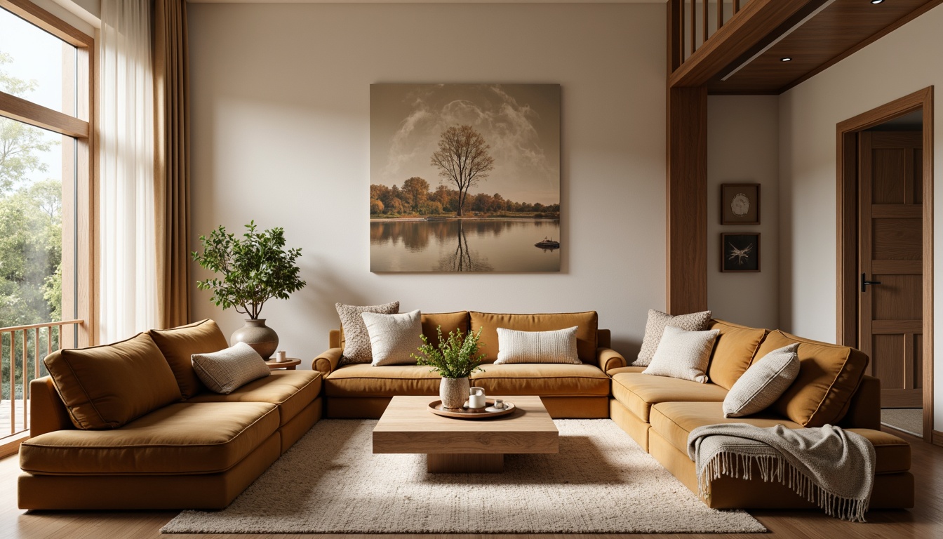 Prompt: Cozy living room, plush velvet sofas, soft woven rugs, warm beige walls, natural wood accents, comfortable cushions, elegant drapery, sheer curtains, subtle patterned fabrics, calming color palette, ambient lighting, shallow depth of field, 3/4 composition, realistic textures.