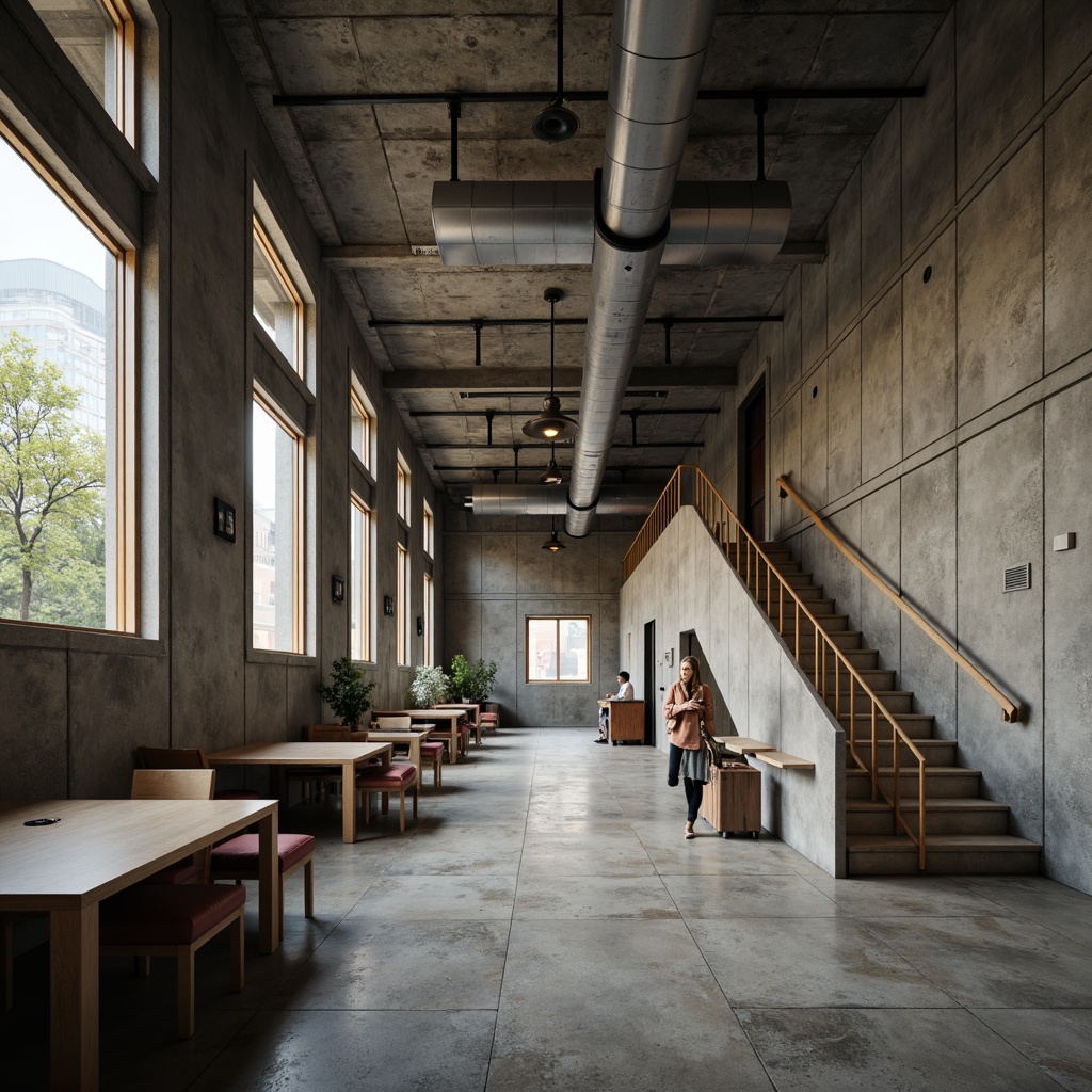 Prompt: Rough concrete walls, brutalist architecture, industrial textures, exposed ductwork, metallic beams, raw concrete floors, minimalist decor, functional furniture, institutional atmosphere, dim warm lighting, shallow depth of field, 3/4 composition, realistic renderings, ambient occlusion, urban cityscape, modern educational institution, functional corridors, stairs, and classrooms.