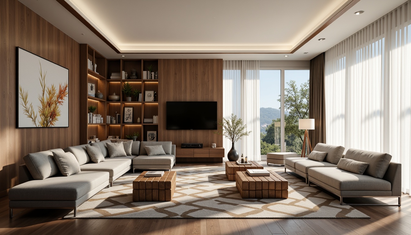 Prompt: Minimalist family room, sleek modern furniture, low-profile sofas, chrome legs, tufted ottomans, geometric-patterned rugs, floor-to-ceiling windows, sheer white curtains, ambient natural light, warm beige walls, dark wood accents, minimalist decor, abstract artwork, LED floor lamps, hidden storage compartments, flowing curves, ergonomic design, functional shelving units, soft gray upholstery, cozy reading nooks, panoramic views, 1/1 composition, softbox lighting, realistic textures.