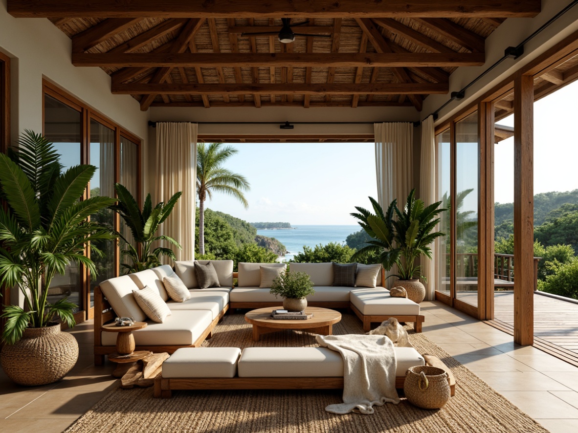 Prompt: Rustic farmhouse, tropical vibes, lush greenery, exotic plants, wooden accents, natural materials, earthy tones, open layout, spacious interior, high ceilings, large windows, sliding glass doors, ocean views, beachy atmosphere, warm sunny day, soft diffused lighting, shallow depth of field, 1/1 composition, symmetrical balance, cozy reading nook, plush furniture, woven textiles, natural fibers, rattan decor, vintage accents, distressed wood, earthy color palette.