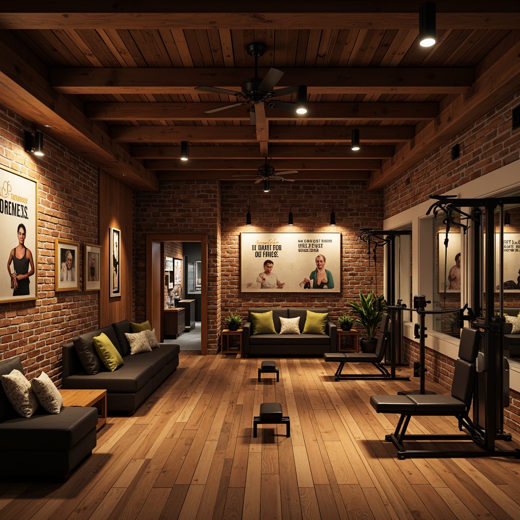 Prompt: Warm traditional home gym, rich wood flooring, rustic brick walls, classic metal equipment, free weights, exercise machines, motivational quotes, dimmable warm lighting, pendant lamps, recessed ceiling lights, soft shadows, cozy atmosphere, wooden beams, vintage fitness posters, earthy color palette, comfortable seating areas, natural stone accents, traditional architectural details, shallow depth of field, 1/2 composition, realistic textures, ambient occlusion.