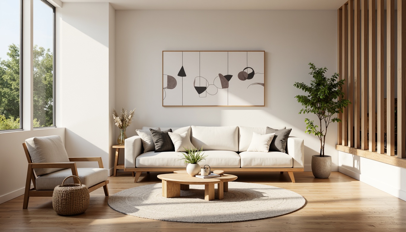 Prompt: Cozy living room, minimalist decor, light wood tones, functional furniture, sleek lines, ergonomic design, comfortable cushions, natural textiles, woven baskets, geometric patterns, soft warm lighting, 1/1 composition, realistic textures, ambient occlusion, Nordic-inspired accents, clean simplicity, clutter-free space, airy atmosphere, plenty of negative space.