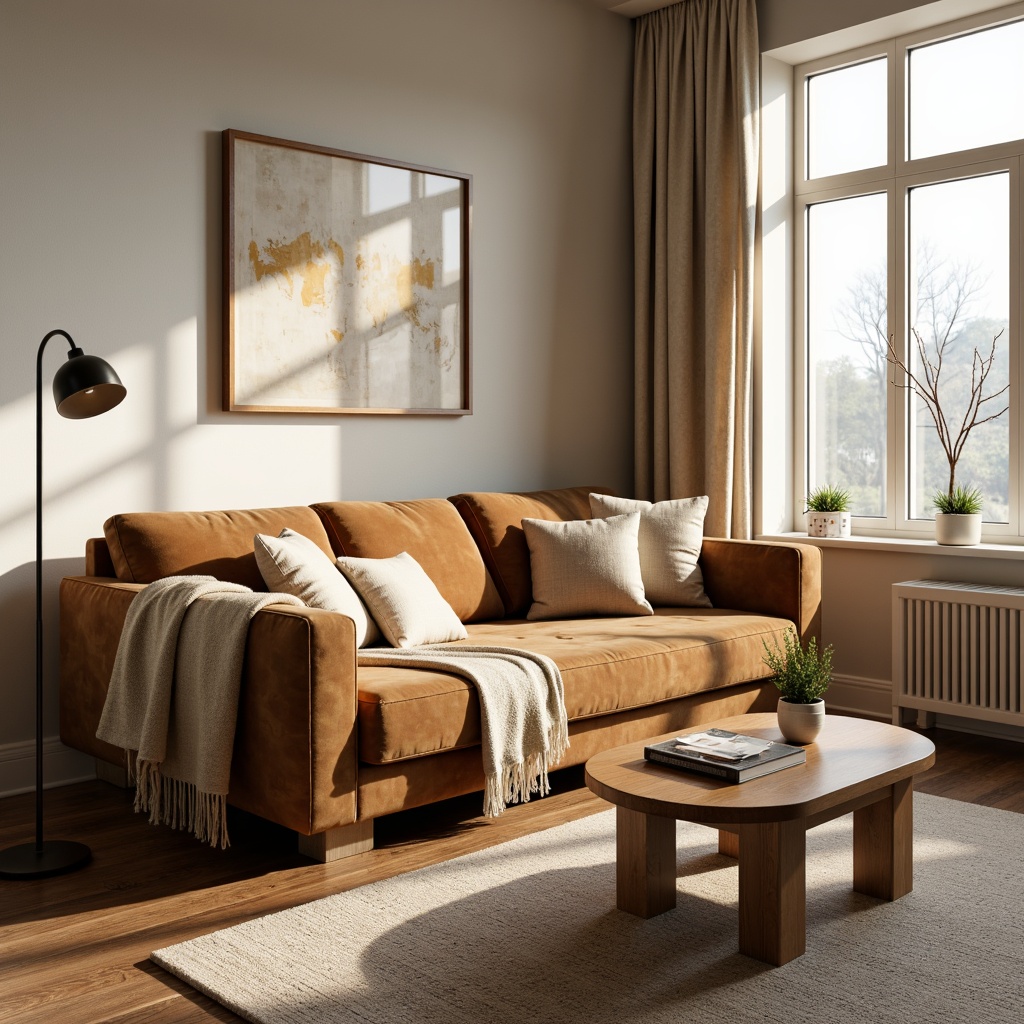 Prompt: Cozy living room, plush velvet sofa, soft cashmere throw blankets, warm beige carpet, elegant wooden coffee table, modern minimalist decor, natural light pouring in, large windows, comfortable seating arrangement, relaxed atmosphere, gentle color palette, calming ambiance, 1/1 composition, shallow depth of field, softbox lighting, realistic textures.