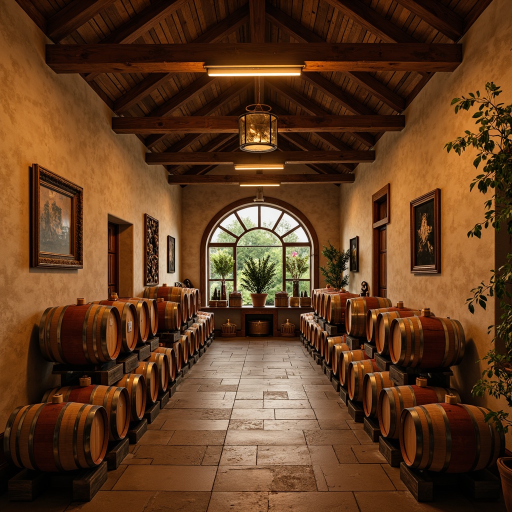 Prompt: Rustic winery interior, earthy tones, warm beige walls, rich wood accents, vintage wine barrels, dimmed lighting, soft golden glow, cozy atmosphere, natural stone flooring, wooden crates, grapevine patterns, burgundy reds, olive greens, weathered copper, distressed wood textures, intimate setting, 3/4 composition, shallow depth of field, warm color temperature.