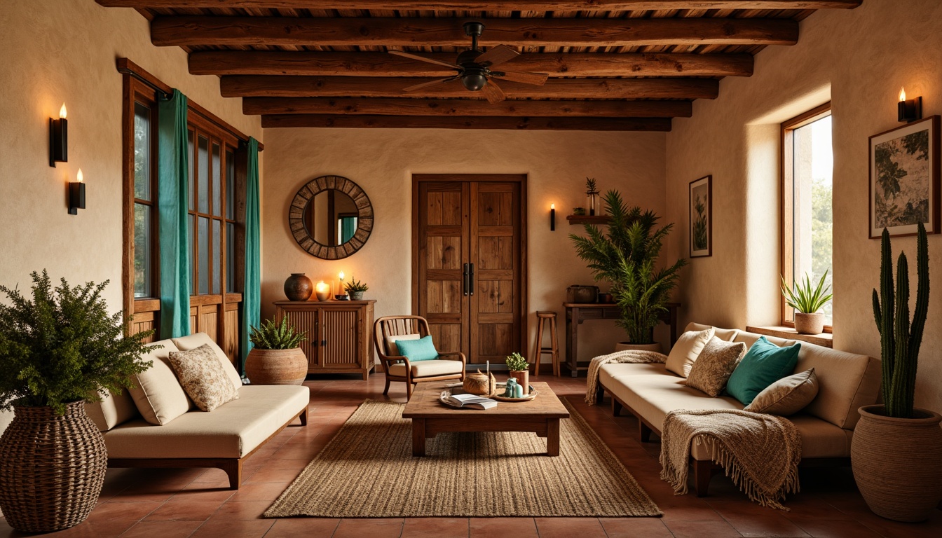 Prompt: Warm Southwestern interior, earthy adobe walls, rustic wooden beams, vibrant turquoise accents, woven textiles, natural fiber rugs, warm terracotta flooring, soft candlelight, ambient lanterns, warm golden lighting, subtle shadows, 1/2 composition, intimate atmosphere, cozy reading nooks, plush throw blankets, desert botanicals, potted cacti, earthy ceramics, organic shapes, distressed wood furniture, vintage metalware, warm beige colors, soft warm glow, low-key illumination.