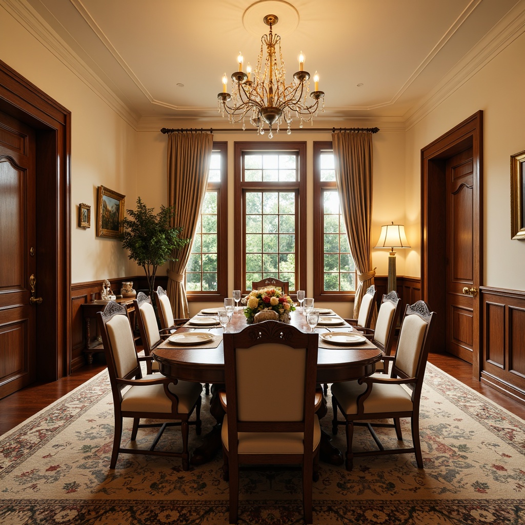 Prompt: Elegant traditional dining room, rich wooden furniture, ornate chandeliers, cream-colored walls, luxurious carpet flooring, plush area rugs, intricate patterns, warm beige tones, soft golden lighting, formal atmosphere, classic wood paneling, ornate moldings, crystal door handles, sophisticated window treatments, subtle sheen finish, 1/1 composition, realistic textures, ambient occlusion.