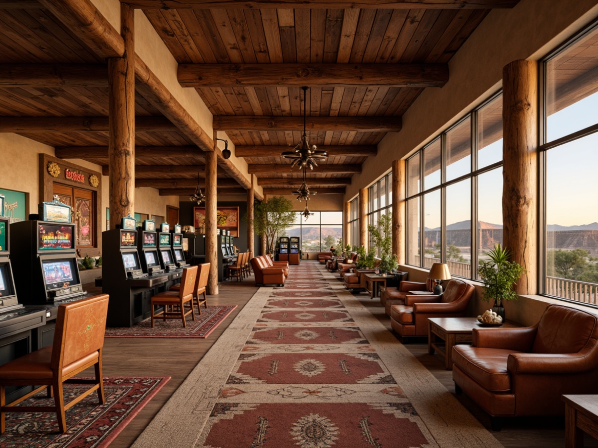 Prompt: Rustic casino, southwestern decor, earthy tones, wooden accents, turquoise details, Native American patterns, leather upholstery, woven textiles, tribal-inspired artwork, reclaimed wood flooring, stone walls, warm lighting, cozy atmosphere, plush armchairs, wooden slot machines, natural fiber rugs, desert landscape views, sunset hues, warm beige colors, 3/4 composition, shallow depth of field, realistic textures.