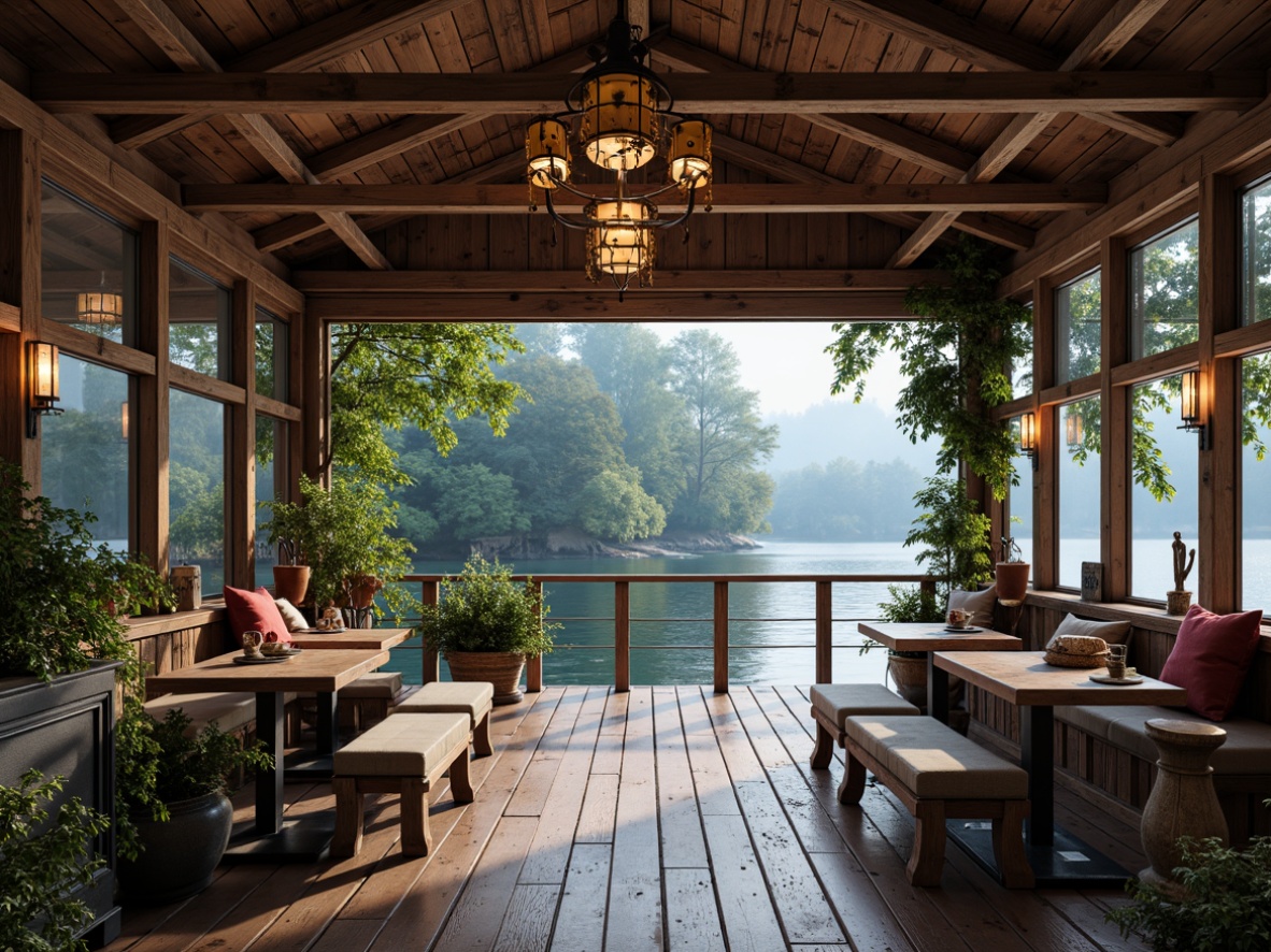 Prompt: Rustic boathouse, vintage nautical elements, distressed wood accents, ornate Victorian details, warm earthy tones, weathered wooden planks, soft blues, muted reds, creamy whites, rich browns, velvety blacks, metallic gold fixtures, elegant lanterns, whimsical maritime decorations, lush greenery, serene lake views, misty mornings, soft natural lighting, atmospheric perspective, 1/1 composition, detailed textures, realistic reflections.