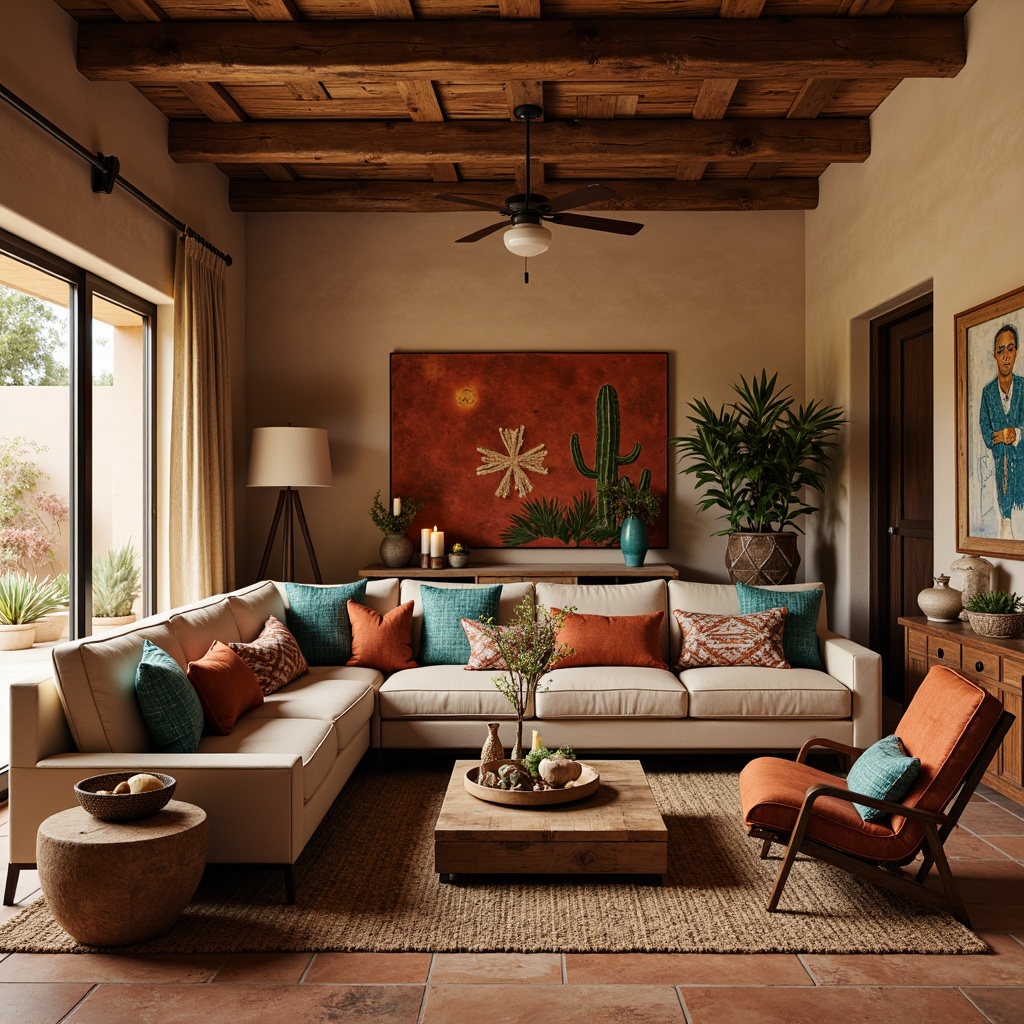 Prompt: Southwestern-inspired living room, earthy color palette, terracotta floors, woven wool rugs, plush sectional sofas, rustic wooden coffee tables, vintage tribal-patterned textiles, distressed leather armchairs, adobe-style brick walls, natural fiber drapes, warm candle lighting, soft ambient glow, 1/1 composition, shallow depth of field, realistic textures, vibrant turquoise accents, desert botanicals, cactus plants, woven Native American baskets.