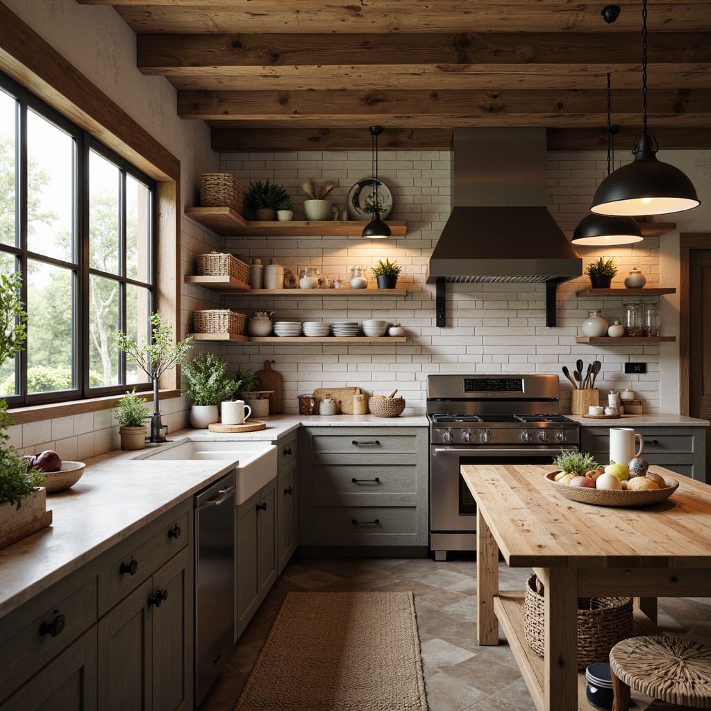 Prompt: Rustic farmhouse kitchen, reclaimed wood open shelving, vintage metal brackets, distressed finishes, earthy color palette, natural stone countertops, butcher block island, pendant lighting fixtures, woven wicker baskets, potted greenery, soft warm lighting, shallow depth of field, 1/1 composition, realistic textures, ambient occlusion.