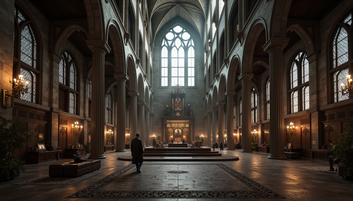 Prompt: Intricate stone carvings, ornate ribbed vaults, pointed arches, flying buttresses, stained glass windows, grandiose cathedrals, eerie candlelight, mysterious shadows, dramatic verticality, richly patterned floors, lavish furnishings, regal thrones, mystical ambiance, soft warm glow, high contrast lighting, cinematic composition, detailed textures, atmospheric fog.