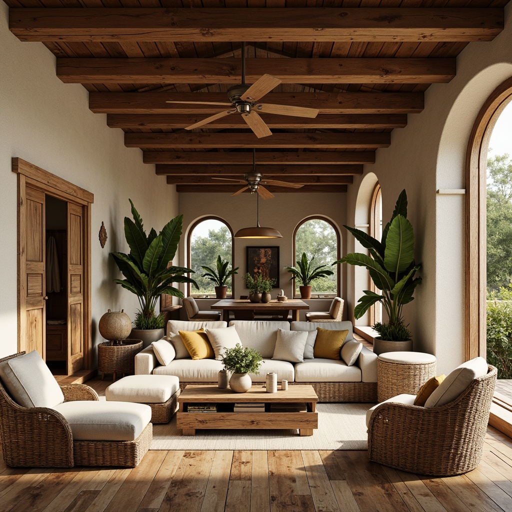 Prompt: Rustic living room, reclaimed wood flooring, natural stone walls, earthy color palette, woven bamboo furniture, rattan decorative accents, lush greenery, potted plants, wooden beam ceiling, warm ambient lighting, cozy textiles, organic shapes, minimalist decor, nature-inspired patterns, soft warm colors, 1/1 composition, intimate atmosphere, realistic textures.