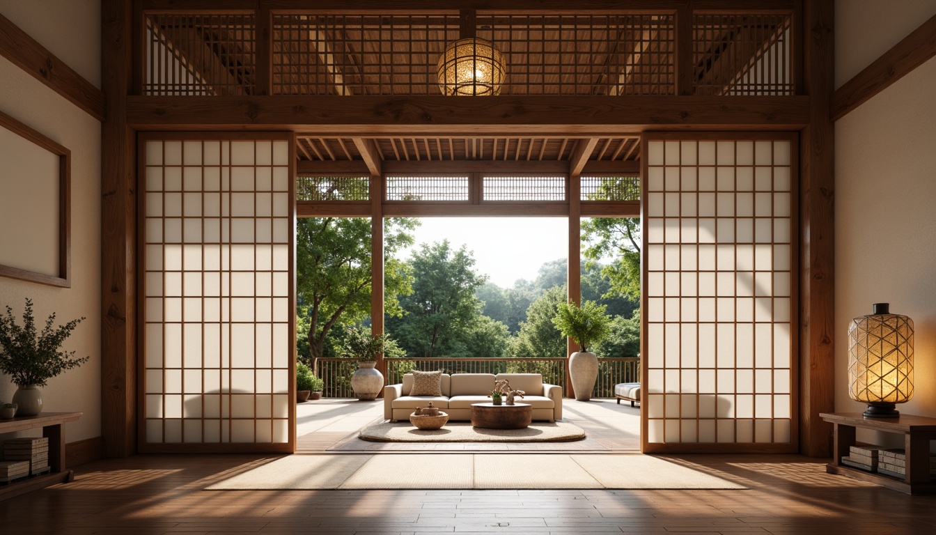 Prompt: Traditional Japanese sliding doors, natural wood accents, bamboo flooring, elegant paper lanterns, ornate wooden carvings, delicate ceramic vases, plush silk fabrics, intricate Asian-inspired patterns, minimal ornamentation, subtle color palette, warm ambient lighting, shallow depth of field, 1/1 composition, realistic textures, soft focus effect.