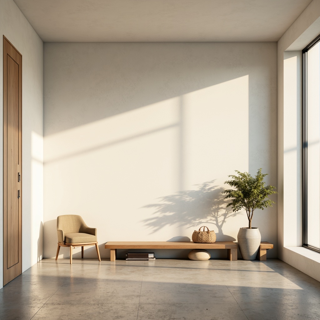 Prompt: Minimalist interior, soft natural light, creamy white walls, polished concrete floors, sleek wooden accents, sparse furniture arrangement, subtle textures, ambient warm glow, gentle shadows, 1/1 composition, shallow depth of field, softbox lighting, realistic reflections, atmospheric rendering.