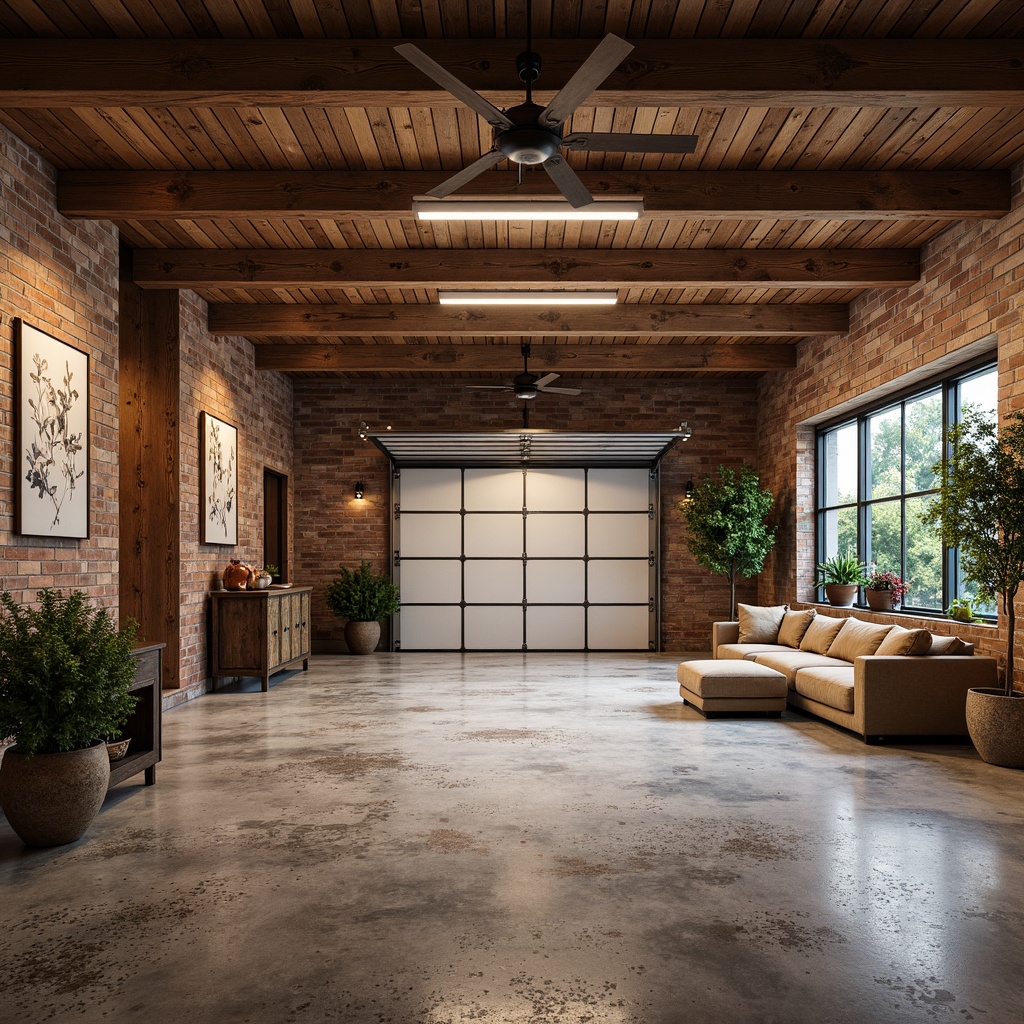 Prompt: Rustic family garage, eclectic style, reclaimed wood flooring, distressed finishes, vintage industrial decor, exposed brick walls, metal accents, polished concrete floors, epoxy resin coatings, abstract geometric patterns, warm earthy tones, softbox lighting, 1/1 composition, shallow depth of field, realistic textures, ambient occlusion.