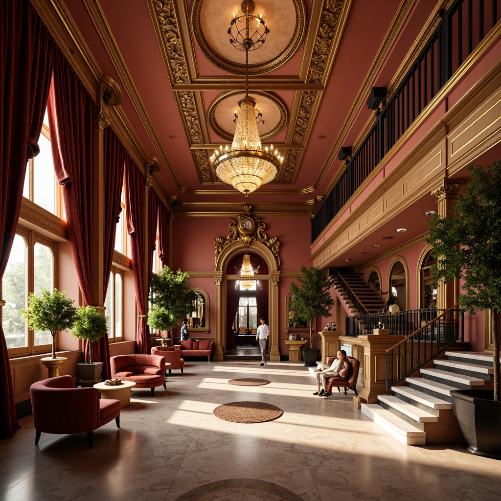 Prompt: Ornate fitness club interior, rich wall textures, Rococo style ornamentation, gilded accents, intricate moldings, velvet drapes, luxurious furnishings, grand chandeliers, marble floors, ornamental mirrors, lavish staircases, sweeping archways, soft golden lighting, warm color palette, 1/1 composition, shallow depth of field, detailed normal maps.