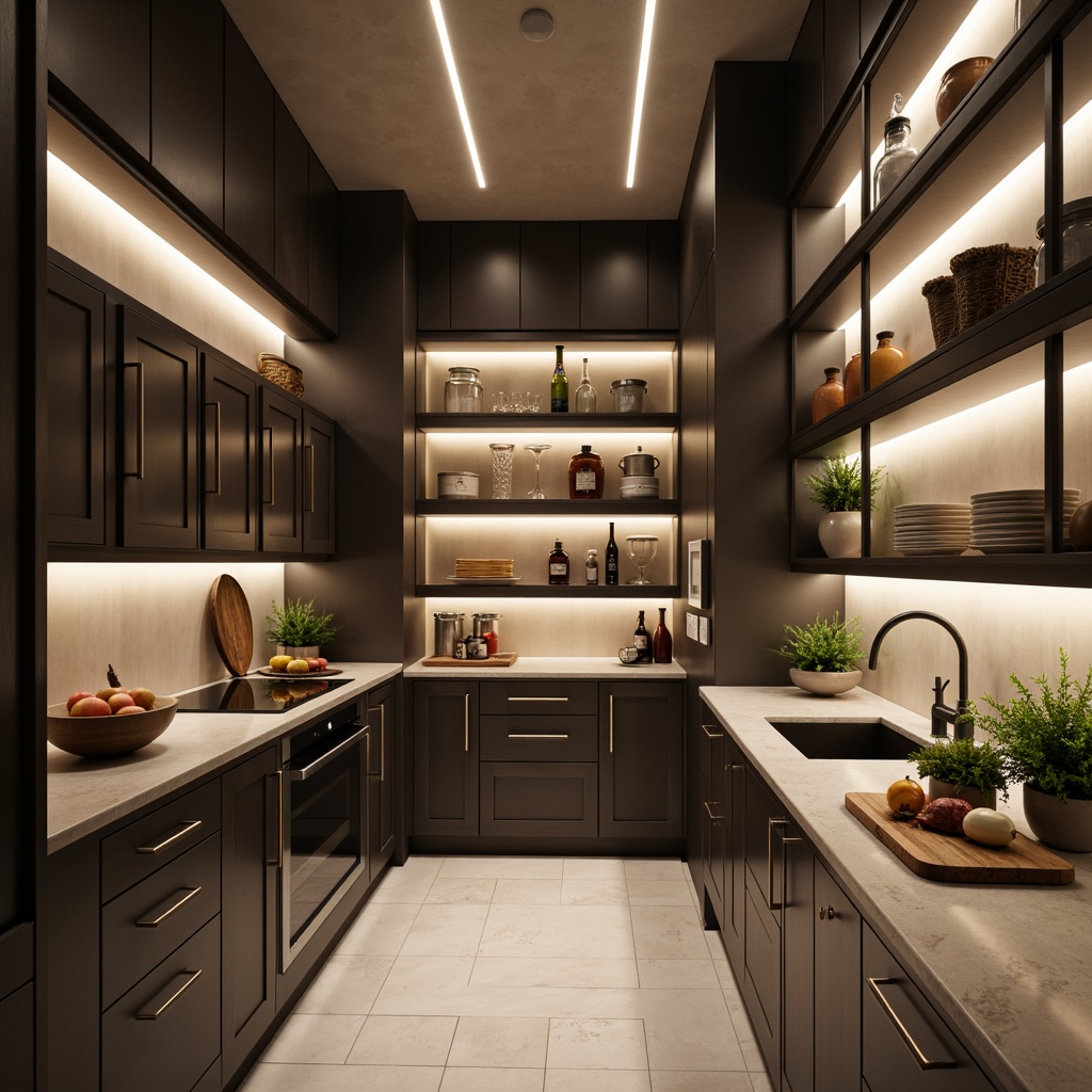 Prompt: Modern pantry, sleek cabinetry, metallic finishes, glass shelves, ambient under-cabinet lighting, warm recessed lighting, LED strip lights, pendant lamps, chrome accents, minimalist design, open shelving, natural stone countertops, stainless steel appliances, matte black hardware, soft diffused light, 1/1 composition, shallow depth of field, realistic textures.